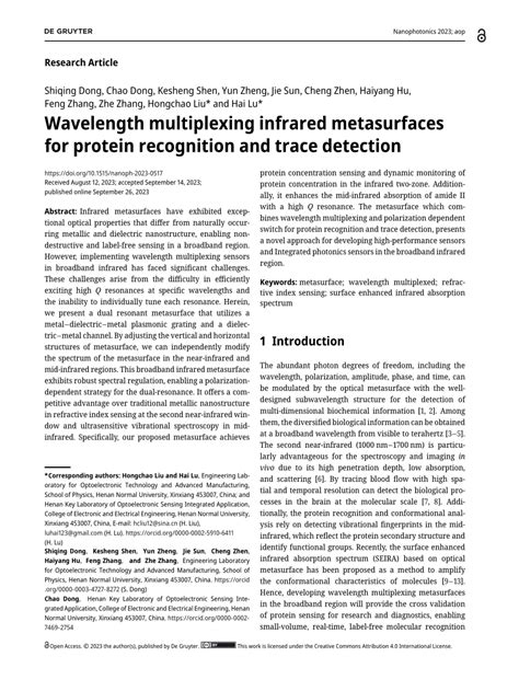 Pdf Wavelength Multiplexing Infrared Metasurfaces For Protein