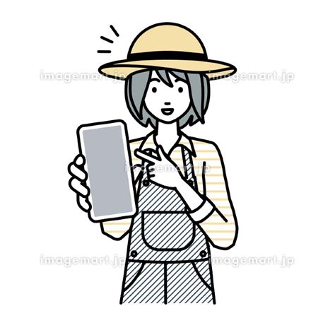 立ってスマートフォンを指差してこちらに向けて見せている農家の女性のイラスト素材 228563927 イメージマート