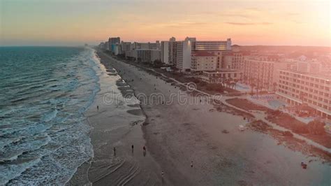 Aerial View Of Myrtle Beach Skyline At Sunset From Drone Point Of View South Carolina Stock