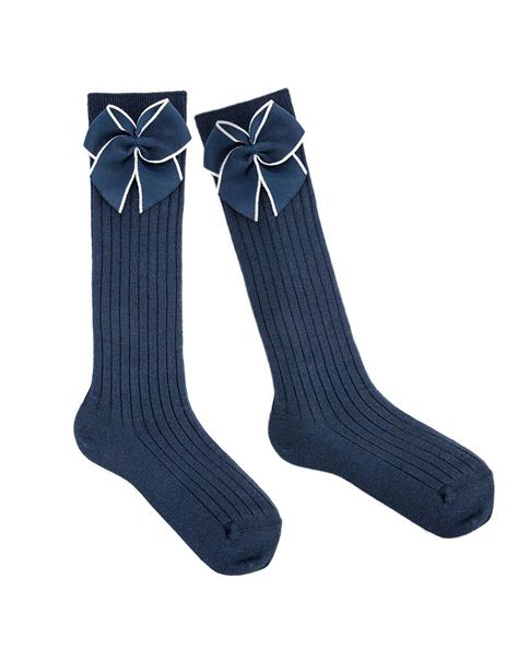 Condor Rib Knee High Socks With Festoon Stitch Bow Navy 480 Frank