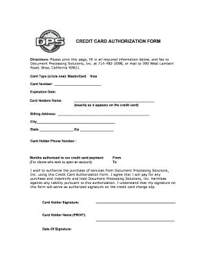 Fillable Online Credit Card Authorization Form Directions Please Print