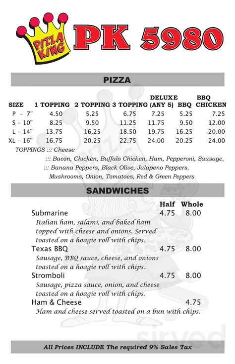 Pizza King Menu In Lebanon Indiana Usa