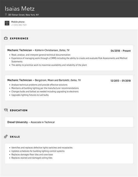 Mechanic Technician Resume Samples | Velvet Jobs