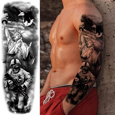 Large War Soldier Temporary Tattoo Sleeves Patriotic Warrior Full Arm Sleeves For Men And