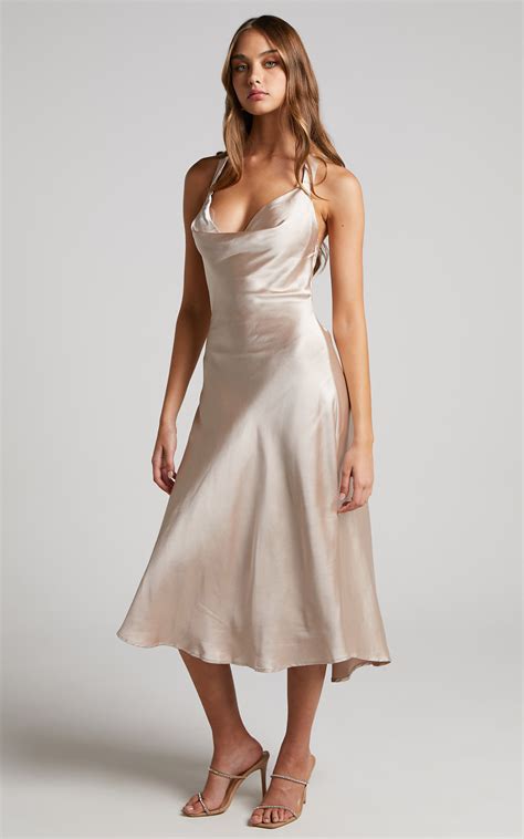 Jezra Midi Dress Cowl Neck Satin Slip Dress In Champagne Showpo Eu