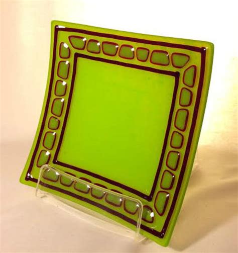 Square Fused Glass Plate Opaque Spring Green Vermilion Red Etsy