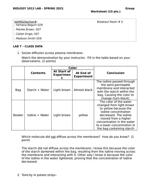 Lab 7 Group Worksheet Biology 1012 Lab Spring 2021 Group Worksheet