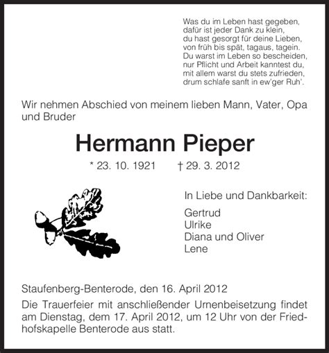 Traueranzeigen Von Hermann Pieper Trauer Hna De