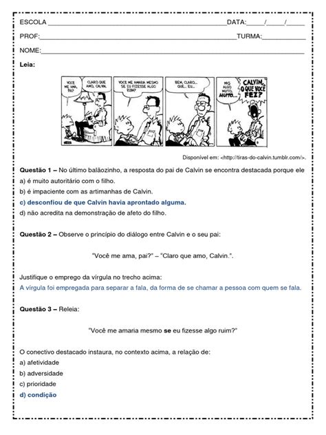 Textos Para Interpretação 6o Ano Com Respostas Pdf - Interpretacao de Texto Tira de Calvin 6o Ano Respostas | PDF