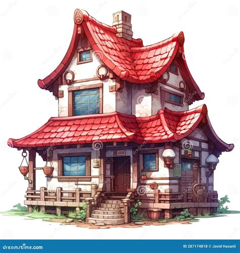 House Anime Style House Red Tile White Background High Quality Ai