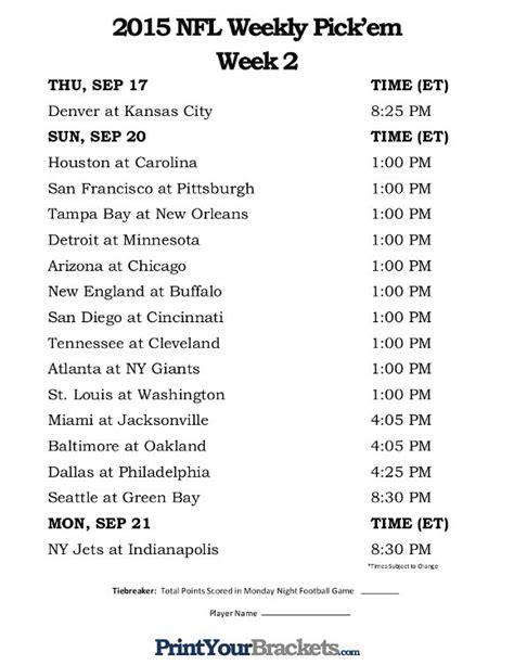 Printable Nfl Week 2 Schedule