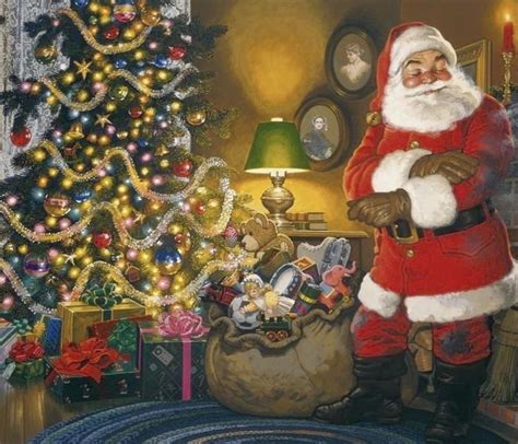 A Painting Of Santa Claus Standing In Front Of A Christmas Tree