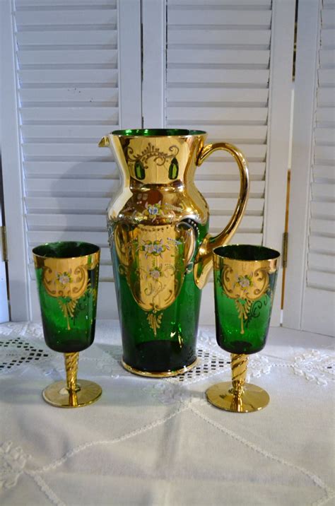 Vintage Bohemian Glass Pitcher And Glass Set 24k Gold Gilt Etsy