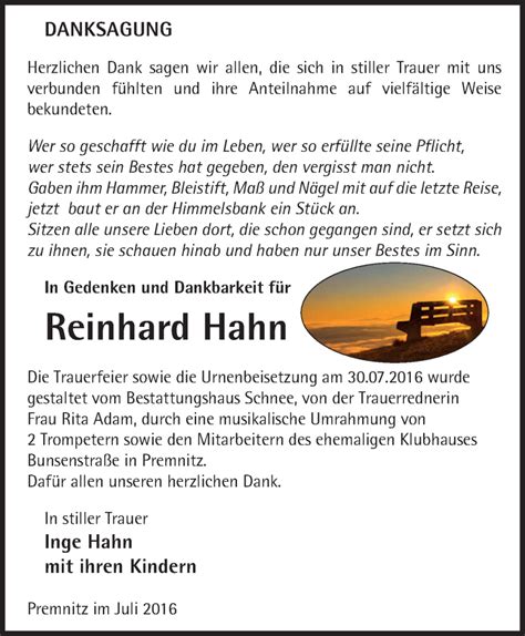 Traueranzeigen Von Reinhard Hahn M Rkische Onlinezeitung Trauerportal