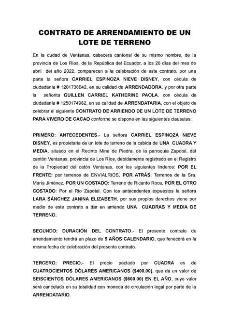 Contrato De Arrendamiento De Un Lote Rosendo Contrato De