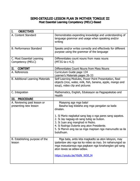 Semi Detailed Lesson Plan In Mother Tongue 3 Semi Detailed Lesson