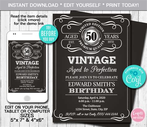 Editable Aged To Perfection Birthday Invitation Any Age Whiskey Label