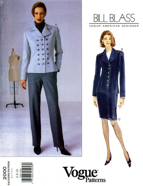 Vogue 2000 Bill Blass Suit Wardrobe Jacket Skirt Pants Size 6 8 10 Uncut Vintage Sewing Pattern