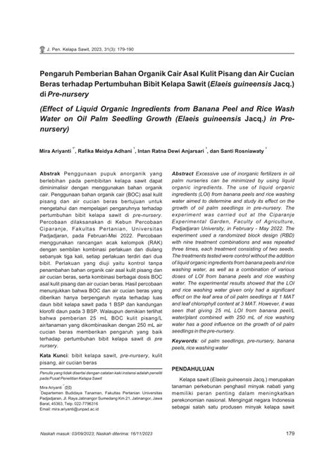 Pdf Pengaruh Pemberian Bahan Organik Cair Asal Kulit Pisang Dan Air