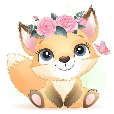 Cute little fox clipart with watercolor illustration