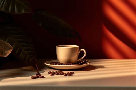 Premium Ai Image Cup Of Coffee And Beans Plants And Cozy Light With