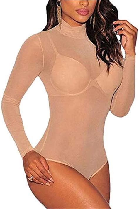 Uranus Damen Sexy Mesh Rollkragen Lange Rmel Bodys Sheer Trikot Khaki