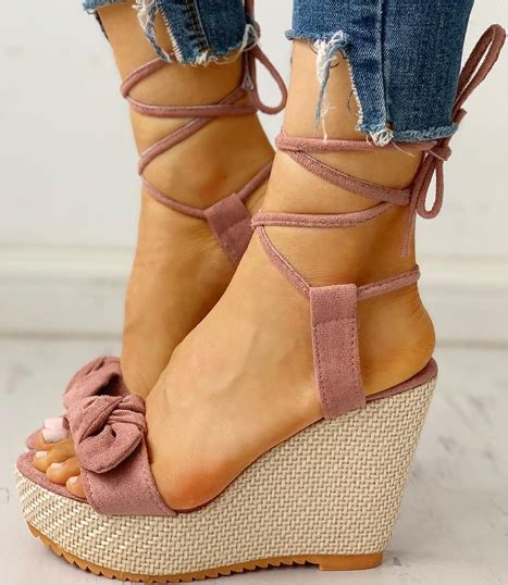 Bowknot Lace Up Ankle Platform Wedge Sandals Ankle Wrap Heels Ankle