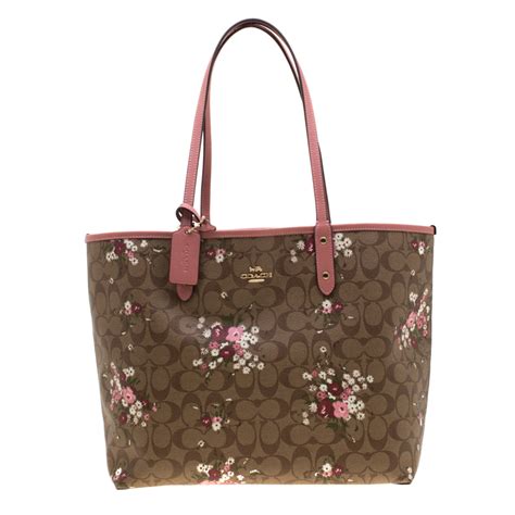 Coach Brown Pink Floral Print Coated Canvas Reversible City Tote Coach