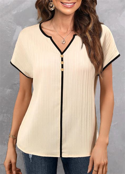 Contrast Binding Beige Short Sleeve Split Neck Blouse Rosewe