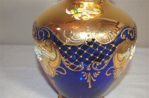 Vintage Venetian Murano Cobalt Blue Glass Vase Gold Overlay And Enamel