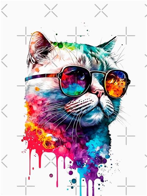 A Cat With Sunglasses On It S Head And Watercolor Paint Splatters