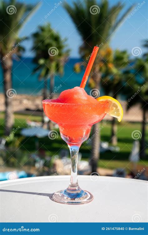 Colourful Cold Strawberry Daiquiri Cocktail Drink Served In Glass At