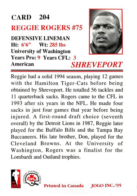 Cfl Us Trading Card Reggie Rogers Shreveport Pirates 1995 Rcfl