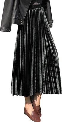 KonJim High Waist Shiny Velvet Pleated Midi Skirts For Women Accordion