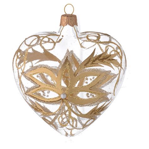 Heart Shaped Bauble In Blown Glass With Gold Flower 100mm Online