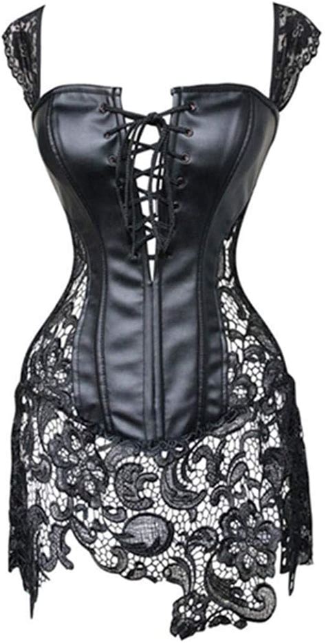 Sexy Lingerie Donna Nero Ecopelle Pizzo Burlesque Corsetto Abito Vita