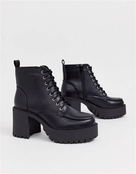 Truffle Collection Chunky Heeled Lace Up Boots In Black Asos