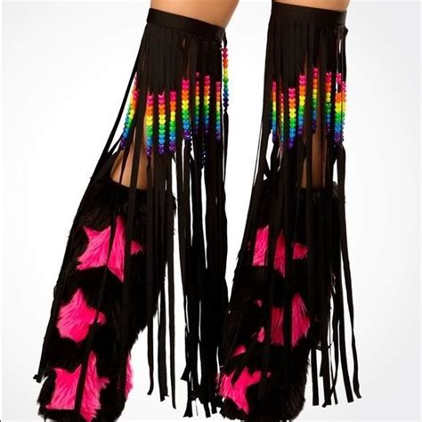 Rainbow Beaded Rave Leg Warmers Beaded Fringe Thigh Wrap Rainbow Beads