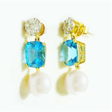 Blue Topaz Pearl Diamonds Dangle Earrings In K Gold Dubai Jewel