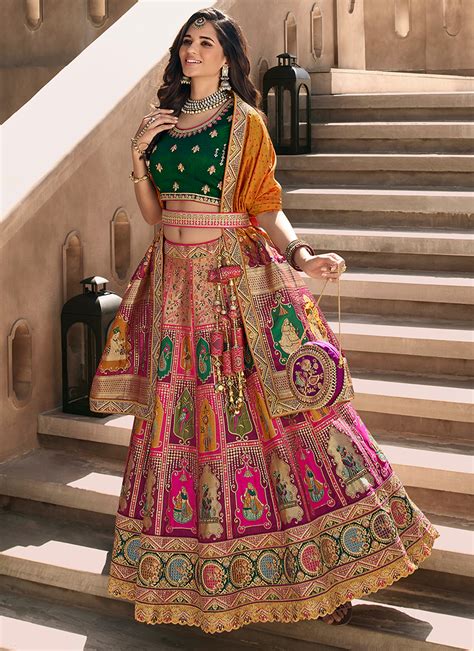 Buy Multi Color Banarasi Silk Bridal Wear Embroidery Work Lehenga Choli