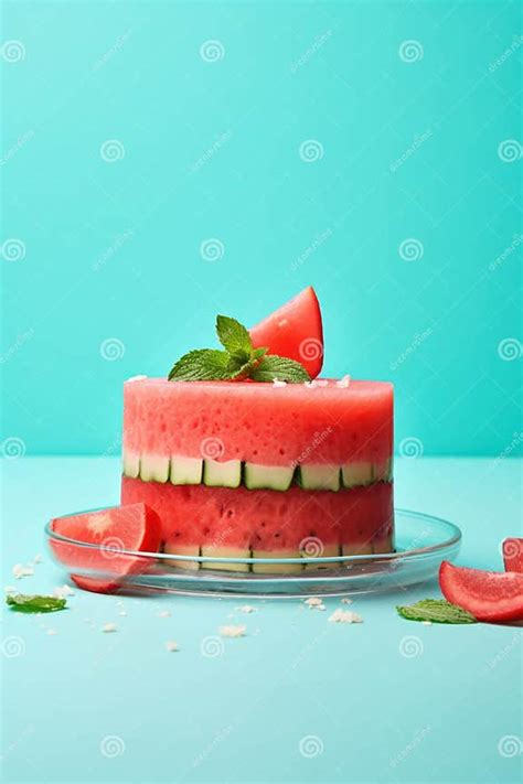 Watermelon Cake With Slices Of Watermelon On Blue Background Ai Stock