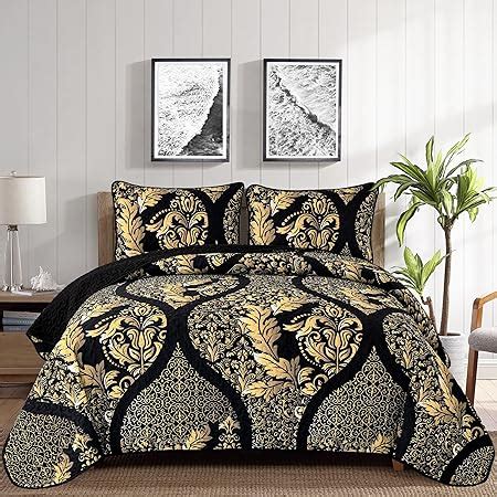 DJY Black Quilt Set California King Size Boho Gold Damask Bedspread