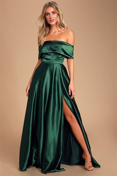 Poofy Green Dress Satin Maxi Dress Off The Shoulder Dress Lulus