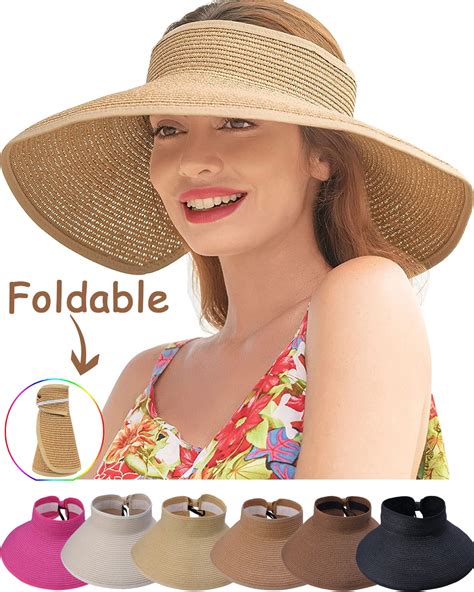 Sun Visors For Women Wide Brim Straw Hat Women Beach Visor Hats For Women Uv Protection Foldable