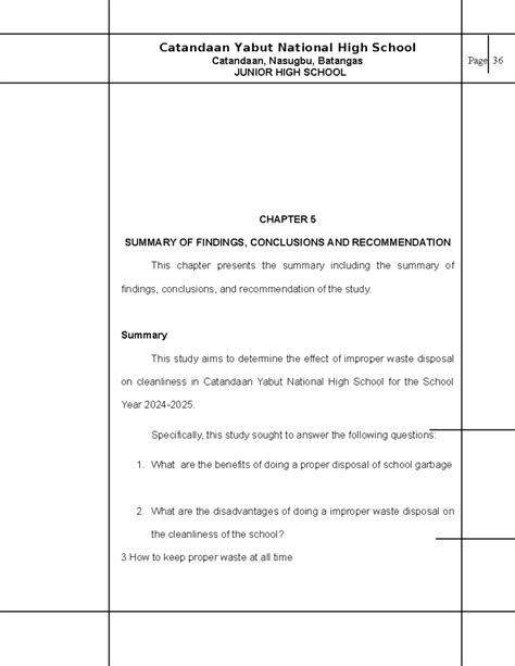 JUNIOR HIGH SCHOOL CHAPTER 5: SUMMARY OF FINDINGS & RECOMMENDATIONS
