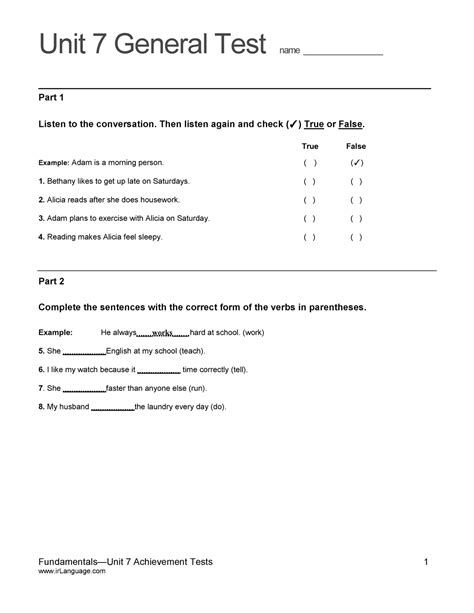 Top Notch Fundamentals Unit 7 Assessment Unit 7 General Test Name