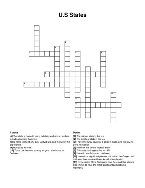 Us States Crossword Puzzle