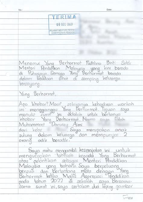 Murid Sekolah Utus Surat Pada Fadhlina Sidek Ucap Terima Kasih Beri