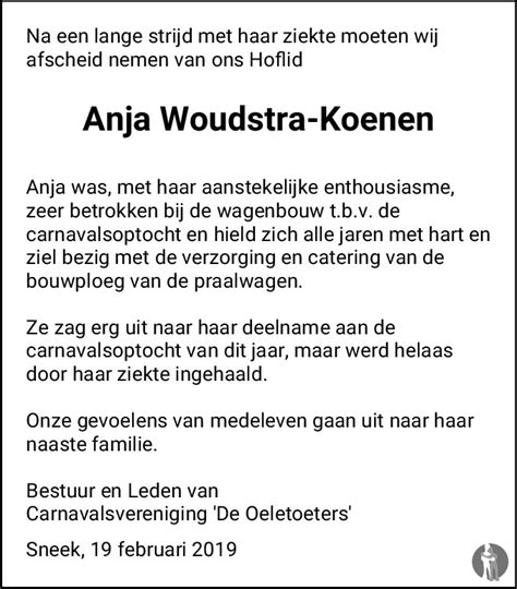 Antje Anja Woudstra Koenen 17 02 2019 Overlijdensbericht En