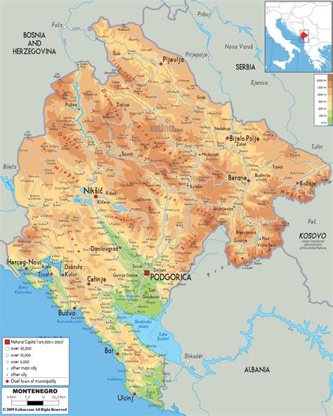 Large physical map of Montenegro with roads, cities and airports ...